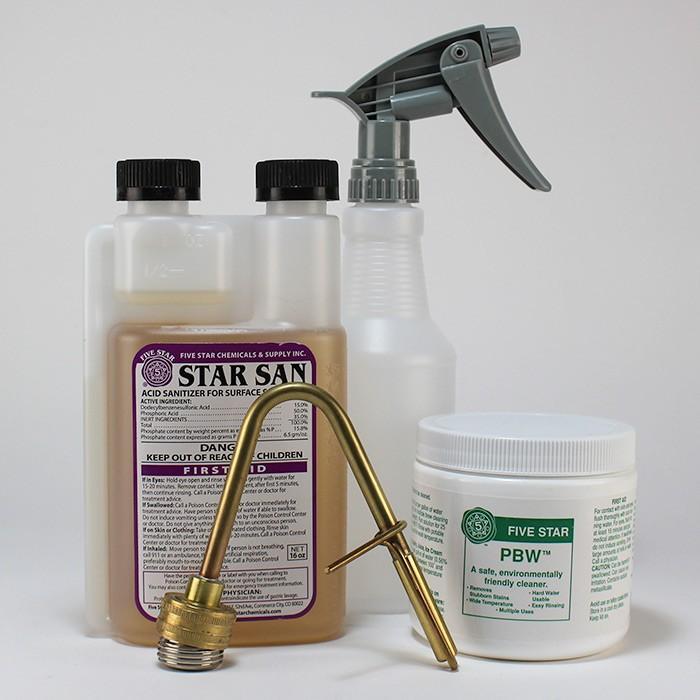 PBW cleaner, Star San, Bottle washer & faucet adapter, and a chemical-resistant spray bottle