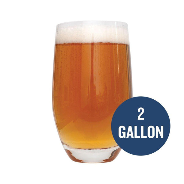 Dead Ringer IPA homebrew in a glass with "2 Gallon" written in text within a blue circle