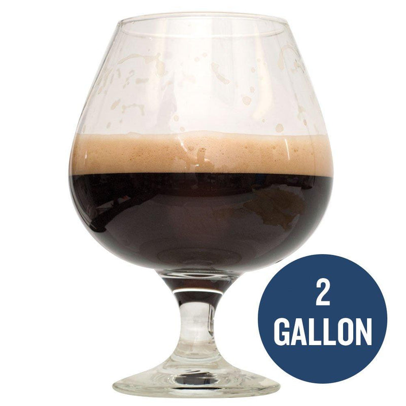 Bourbon Barrel Porter homebrew in a glass with "Two Gallon" text in a blue circle