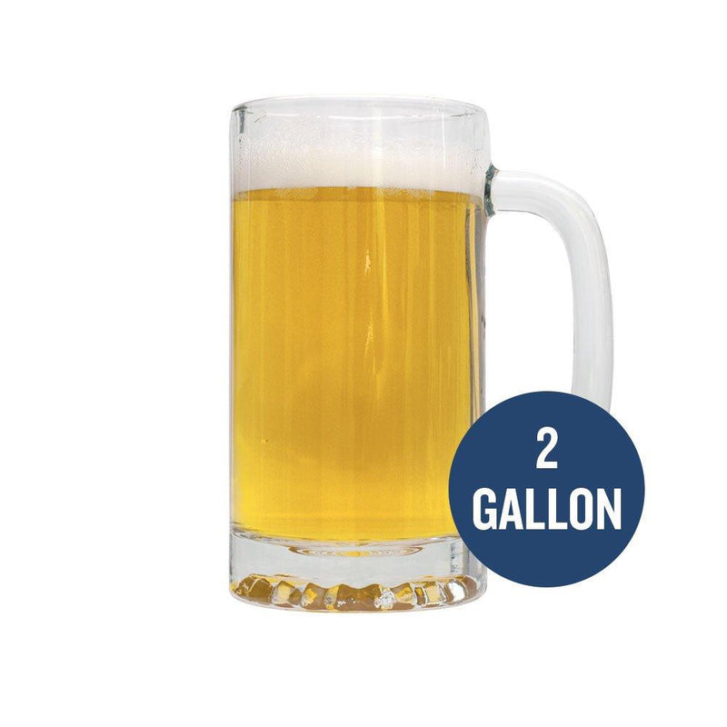 A mug of American Wheat homebrew with a blue label with "2 gallon" written on it.