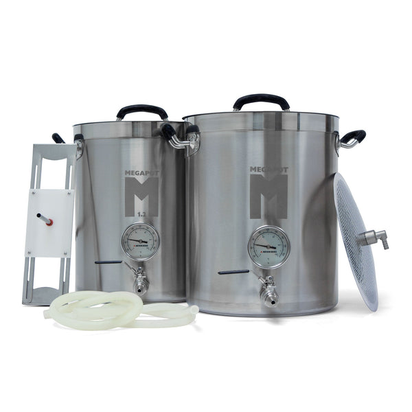 Megapot 1.2 Brew Kettle All Grain system includes With Ball Valve and Thermometer on both Kettles, Sparge Arm, Hoses and False Bottom