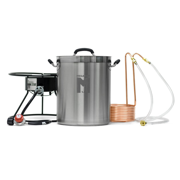 The Brewhouse Ignition Pack, including the Darkstar 2.0 burner, Copper Immersion Chiller, and 8-gallon Megapot 1.2 brew kettle