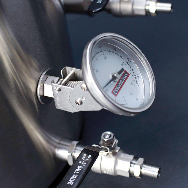 Close-up of Edelmetall Brü® Kettle's thermometer and spigot