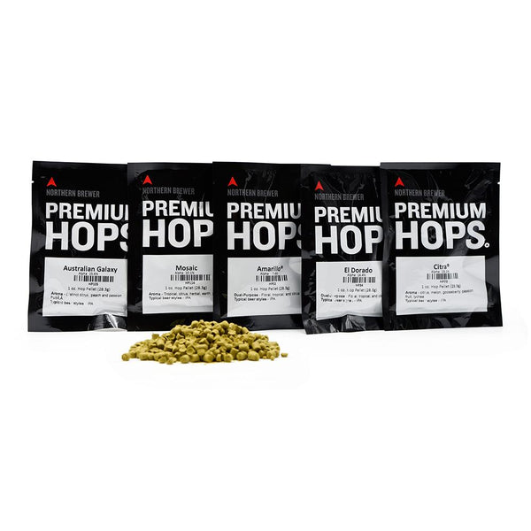 New England Style IPA Hops Sampler Pack containing Citra hops, mosaic hops, galaxy hops, El Dorado hops, and amarillo hops, with a pile of hop pellets