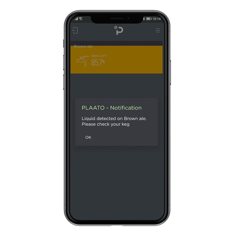 Phone with PLAATO app displaying a Liquid Dected Notification