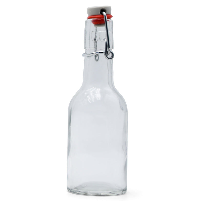 Clear Glass EZ Cap Bottle with an attached swing top closed