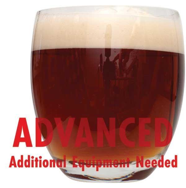 Scottish Wee Heavy in a glass with a customer caution in red text: "Advanced, additional equipment needed" to brew this recipe kit