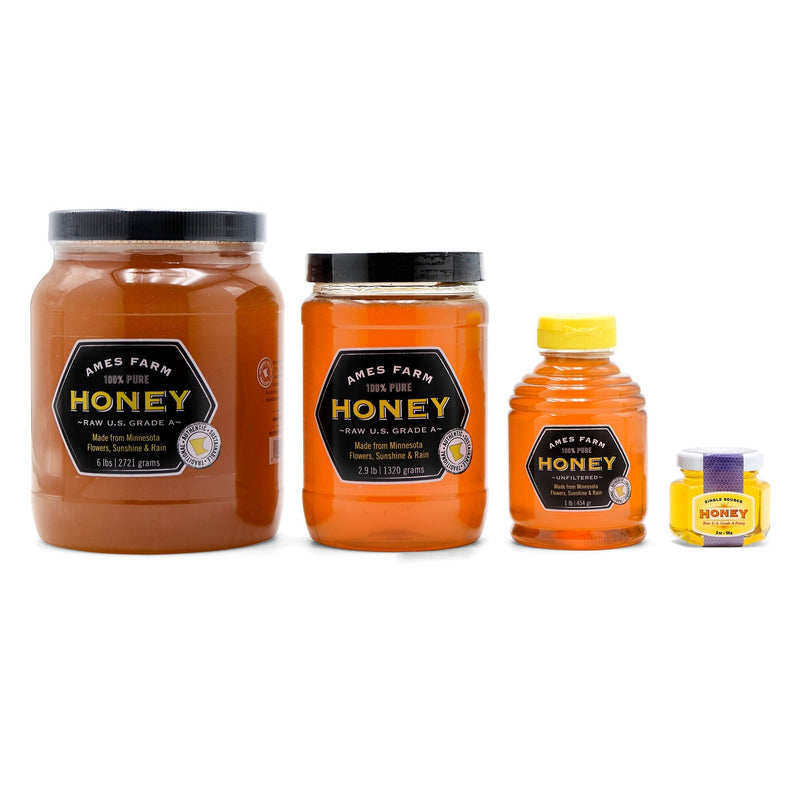 Group of Ames Farm Artisanal Minnesota Honey in various sizes in a row.