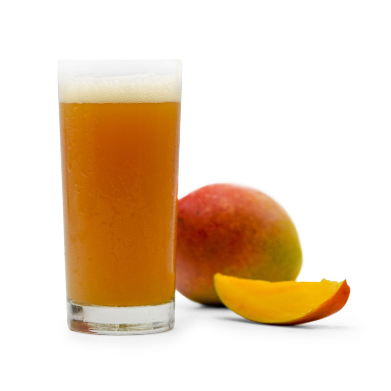 Fruit Stand Beer in a glass with a whole and sliced Mango
