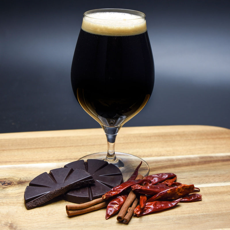 Mexican Hot Chocolate Stout All Grain Recipe Kit glass with peppers