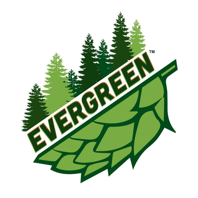 Evergreen Hops Pellets logo, hop cone cut in half with evergreen trees growing out.