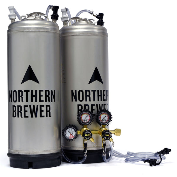 Two 5-gallon corney kegs with tubing attached to a CO2PO double body co2 regulator