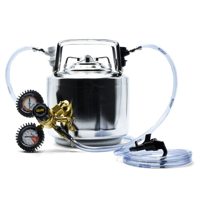1.75-Gallon Cornelius Ball Lock Keg, beverage and liquid tubing, and a dual gauge co2 regulator