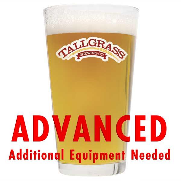 Tallgrass Halcyon Unfiltered Wheat homebrew in a drinking glass with a customer caution in red text: "Advanced, additional equipment needed" to brew this recipe kit