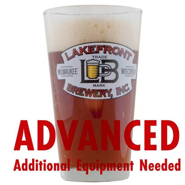 Lakefront Brewery Bridge Burner Pro Series homebrew in a lakefront brewery glass with an All-Grain caution in red text: "Advanced, additional equipment needed"