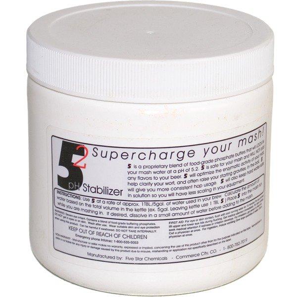 One pound container of 5.2 pH Mash Stabilizer. "Supercharge your mash!" is written on the container.