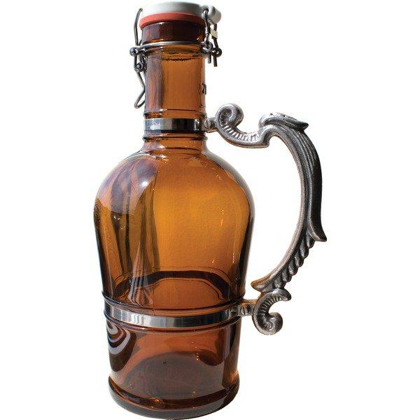 Two-liter, Brown glass German growler with a swing-top closure, ceramic lid and heavy-duty romantic-style metal handle.