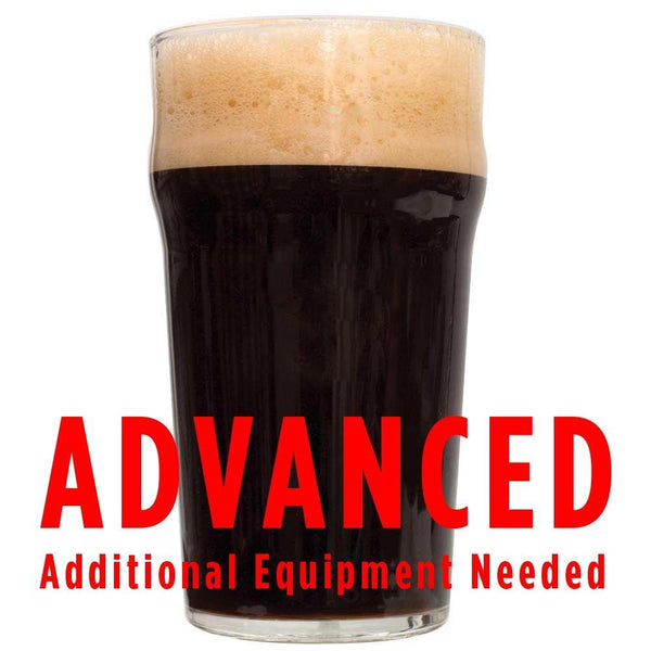 A drinking glass of Smoke Bomb Imperial Smoked Chipotle Porter with a customer caution in red text: "Advanced, additional equipment needed" to brew this recipe kit