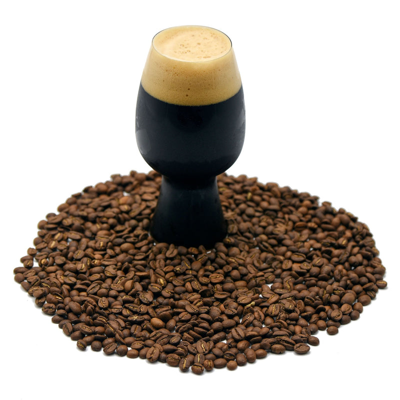 Blue Collar Coffee Stout surrounded by coffee beans!
