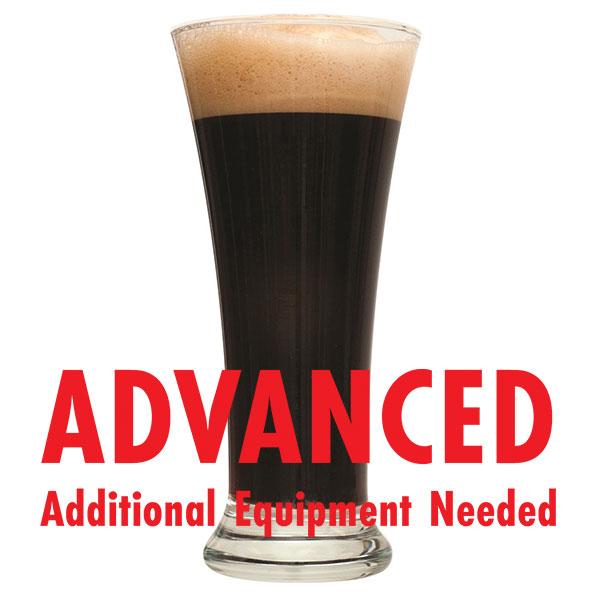 Nightfall Black Saison in a tall glass with an All-Grain caution in red text: "Advanced, additional equipment needed"