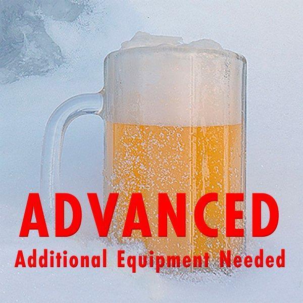 Permafrost India White Ale in a frosty mug sitting in a pile of snow with a customer caution in red text: "Advanced, additional equipment needed" to brew this recipe kit