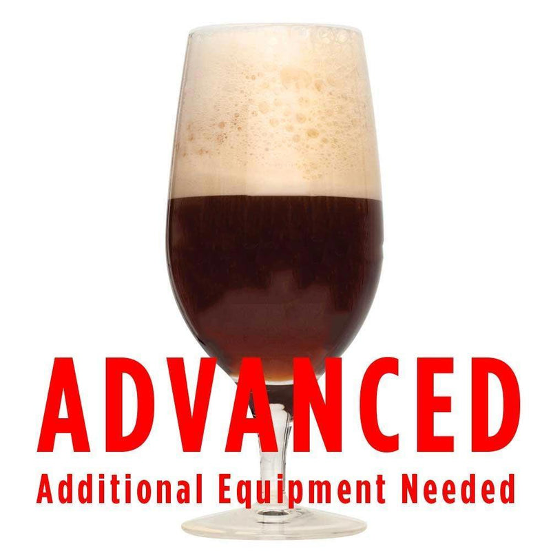 Heady Saison de Noel homebrew in a glass with a customer caution in red text: "Advanced, additional equipment needed" to brew this recipe kit