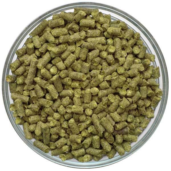 Detail-view of UK First Gold Hop Pellets in a bowl